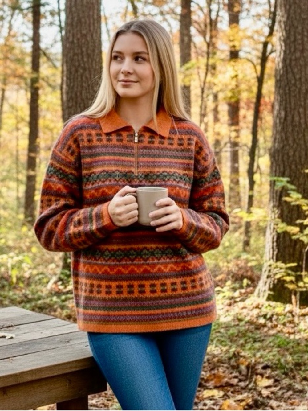 Wool blend Women's Italian Rust Patterned Zip-Collar Sweater size Large
